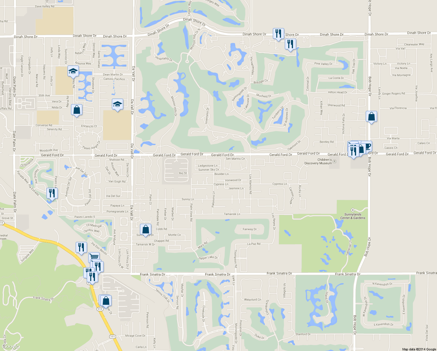 map of restaurants, bars, coffee shops, grocery stores, and more near 12 Boulder Lane in Rancho Mirage