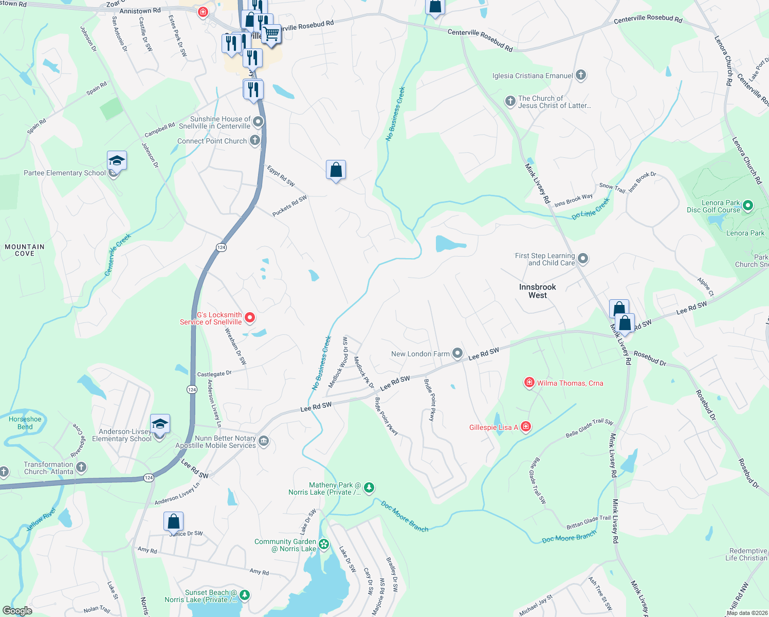 map of restaurants, bars, coffee shops, grocery stores, and more near 3970 Medlock Park Drive in Snellville