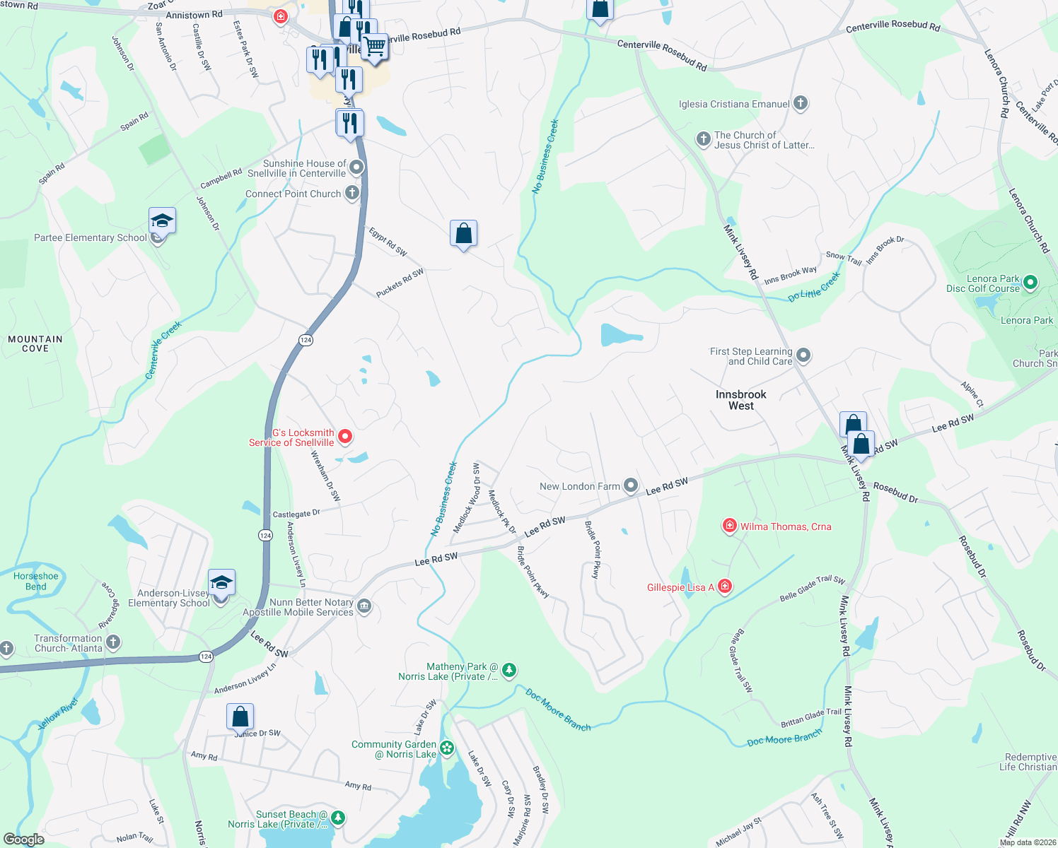 map of restaurants, bars, coffee shops, grocery stores, and more near 3970 Medlock Park Drive in Snellville