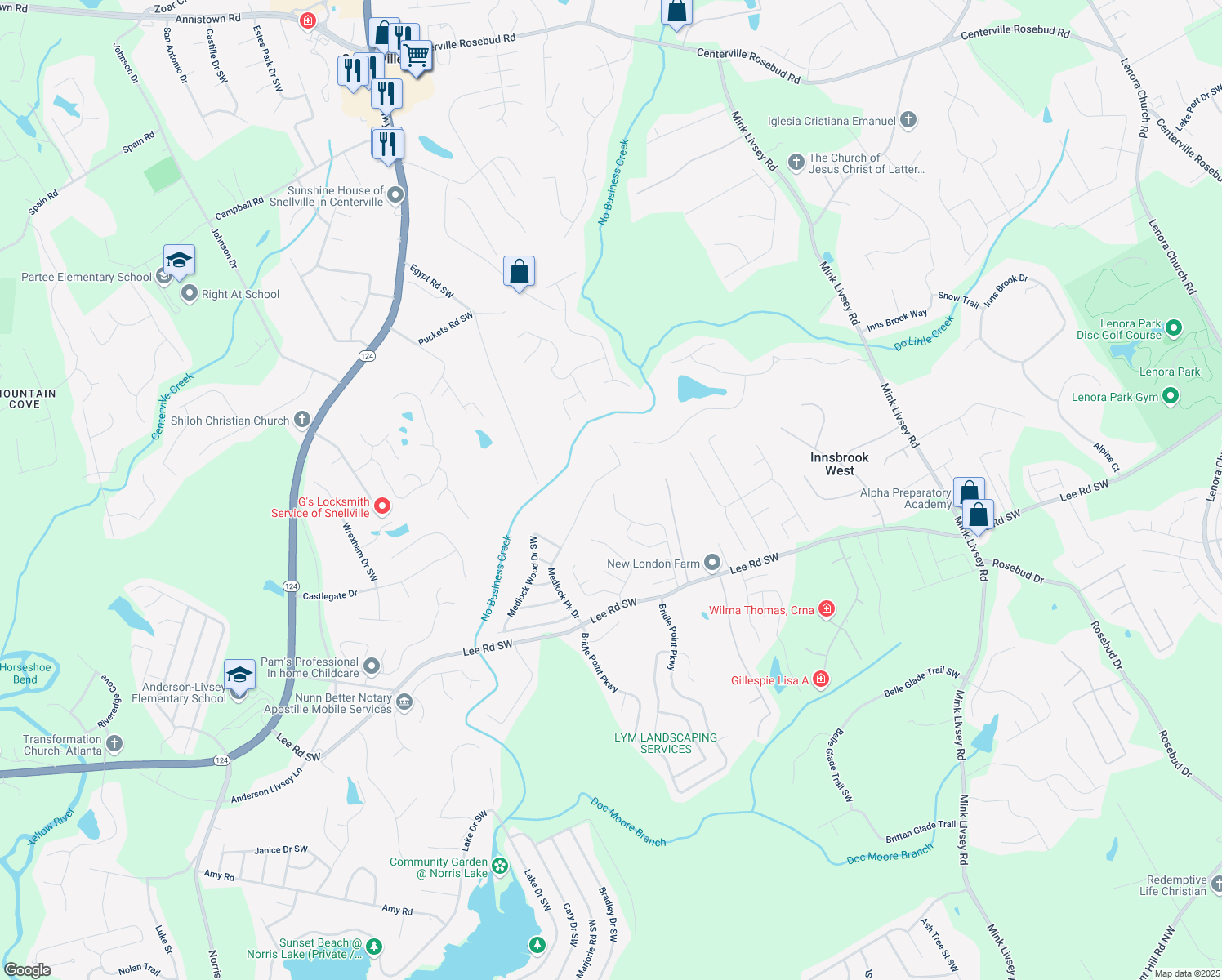 map of restaurants, bars, coffee shops, grocery stores, and more near 4061 Preserve Trail Southwest in Snellville