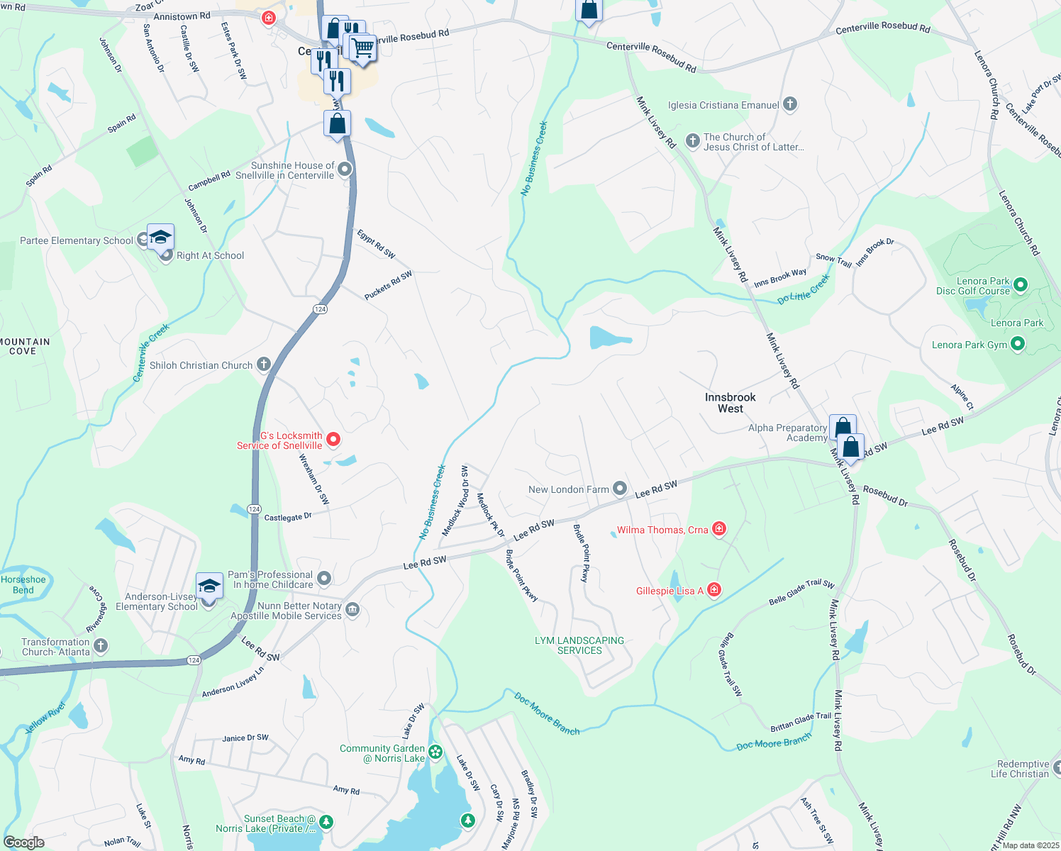 map of restaurants, bars, coffee shops, grocery stores, and more near 4061 Preserve Trail Southwest in Snellville