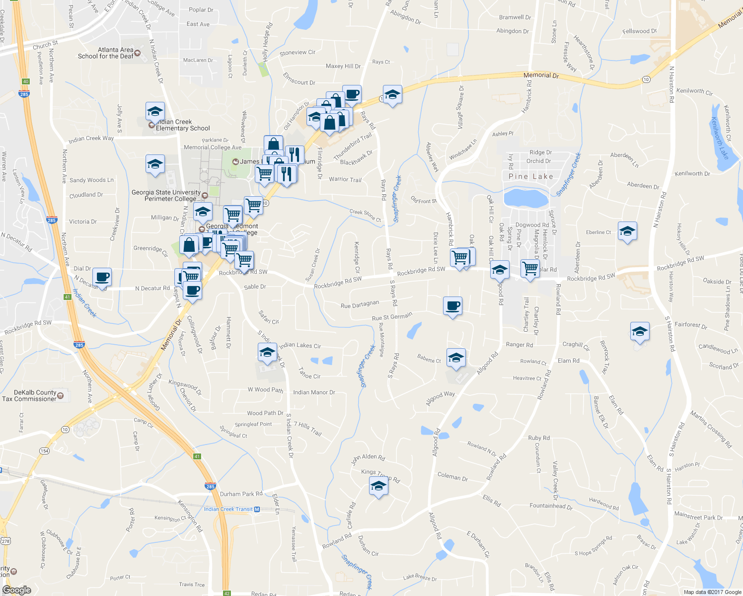 map of restaurants, bars, coffee shops, grocery stores, and more near 4144 Rue Dartagnan in Stone Mountain
