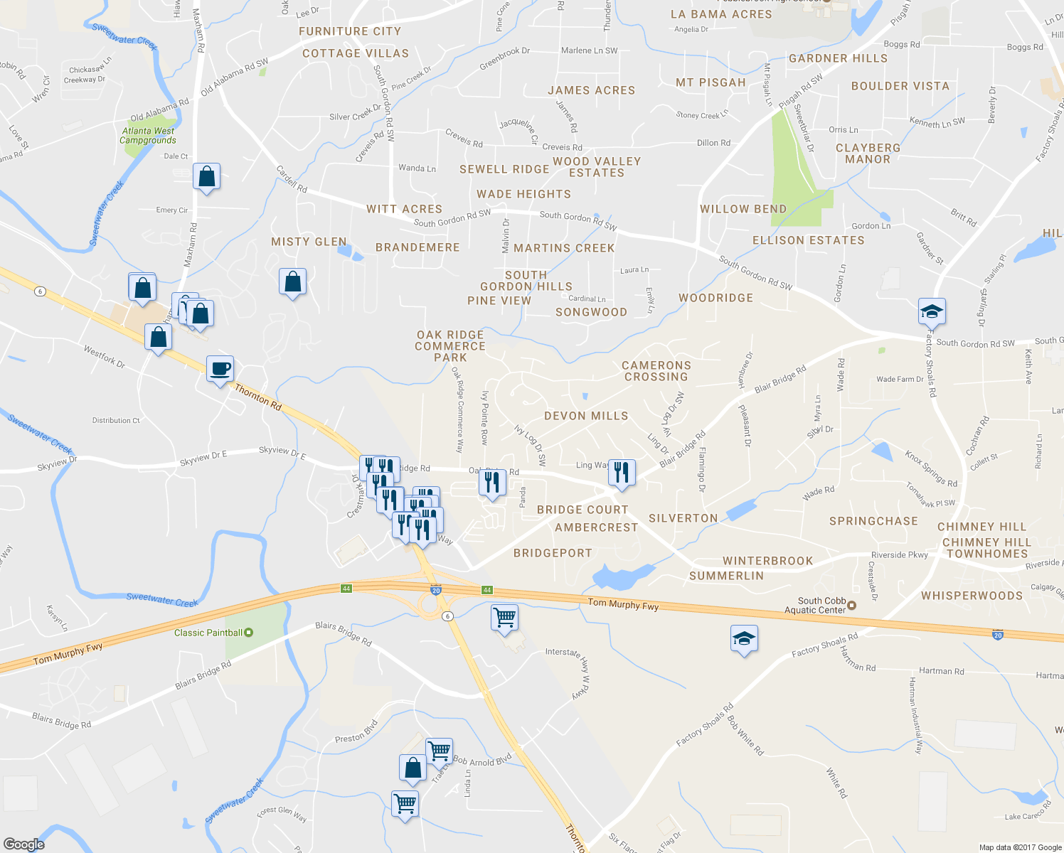 map of restaurants, bars, coffee shops, grocery stores, and more near 6939 Hickory Log Road in Austell