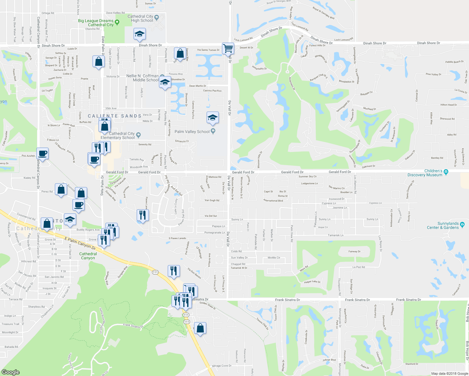 map of restaurants, bars, coffee shops, grocery stores, and more near 21 Mission Palms Drive West in Rancho Mirage