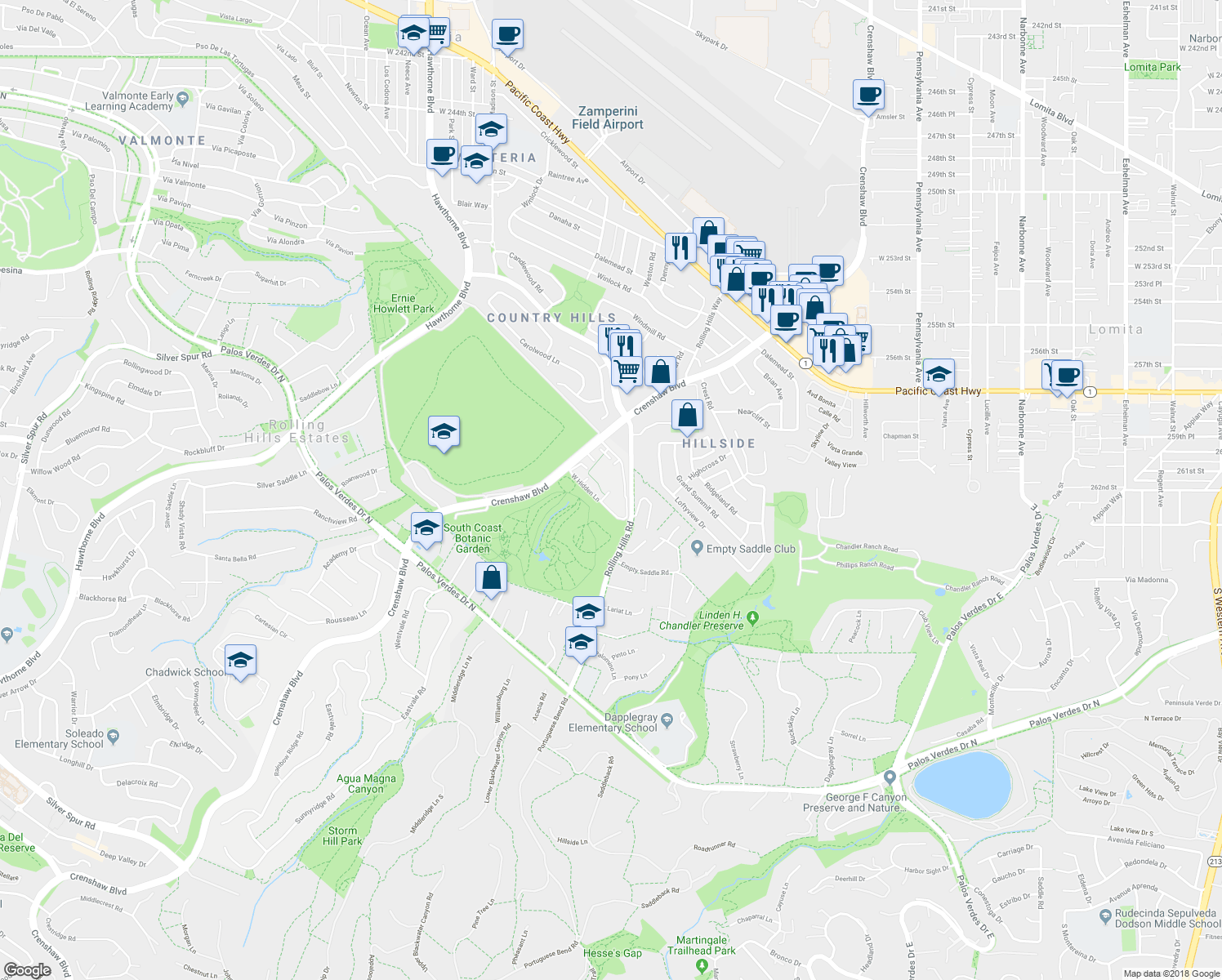 map of restaurants, bars, coffee shops, grocery stores, and more near 3601 West Hidden Lane in Palos Verdes Peninsula