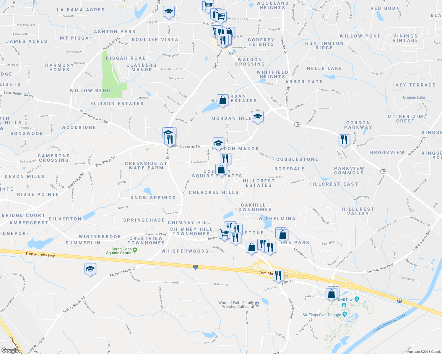 map of restaurants, bars, coffee shops, grocery stores, and more near 6914 Fairway Trail in Austell
