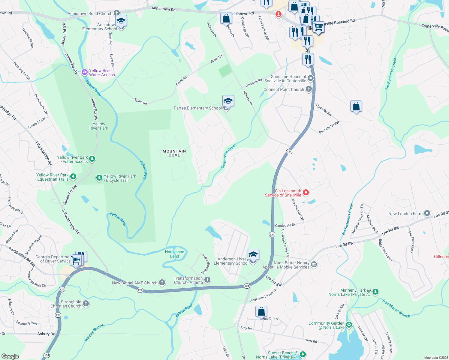 map of restaurants, bars, coffee shops, grocery stores, and more near 3901 Forest Dawn Court in Snellville