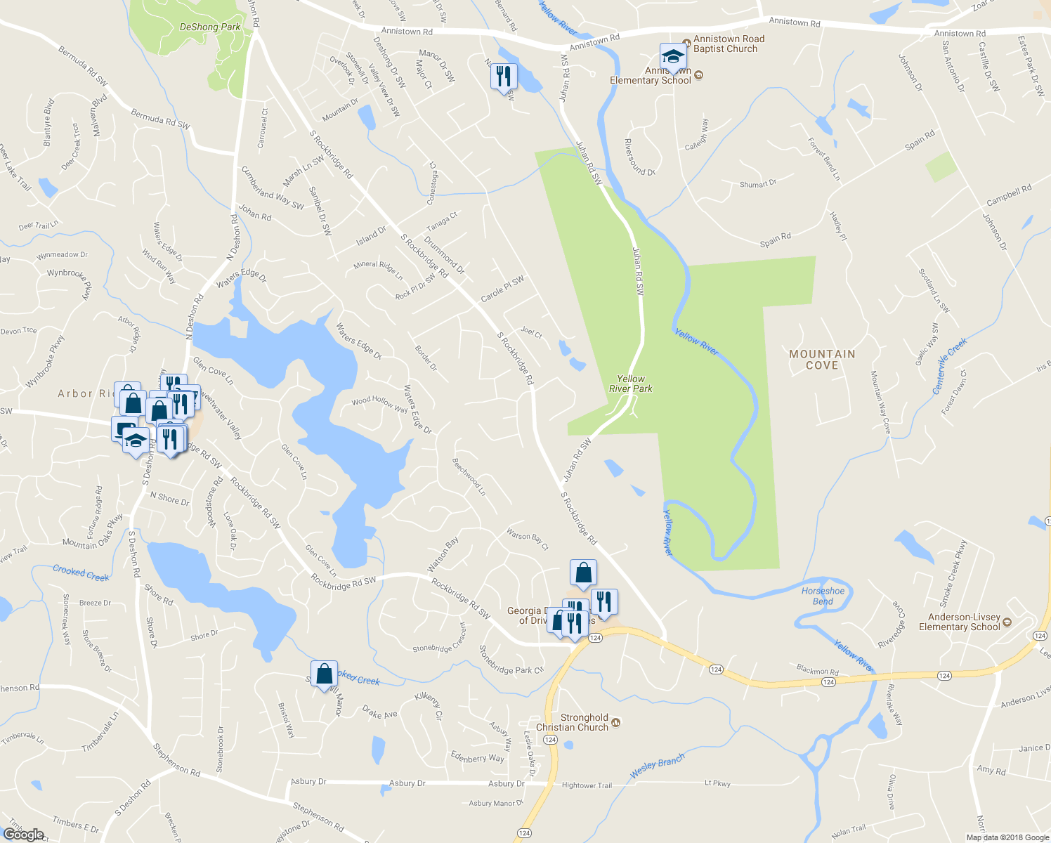 map of restaurants, bars, coffee shops, grocery stores, and more near 3370 Westheimer Road in Stone Mountain