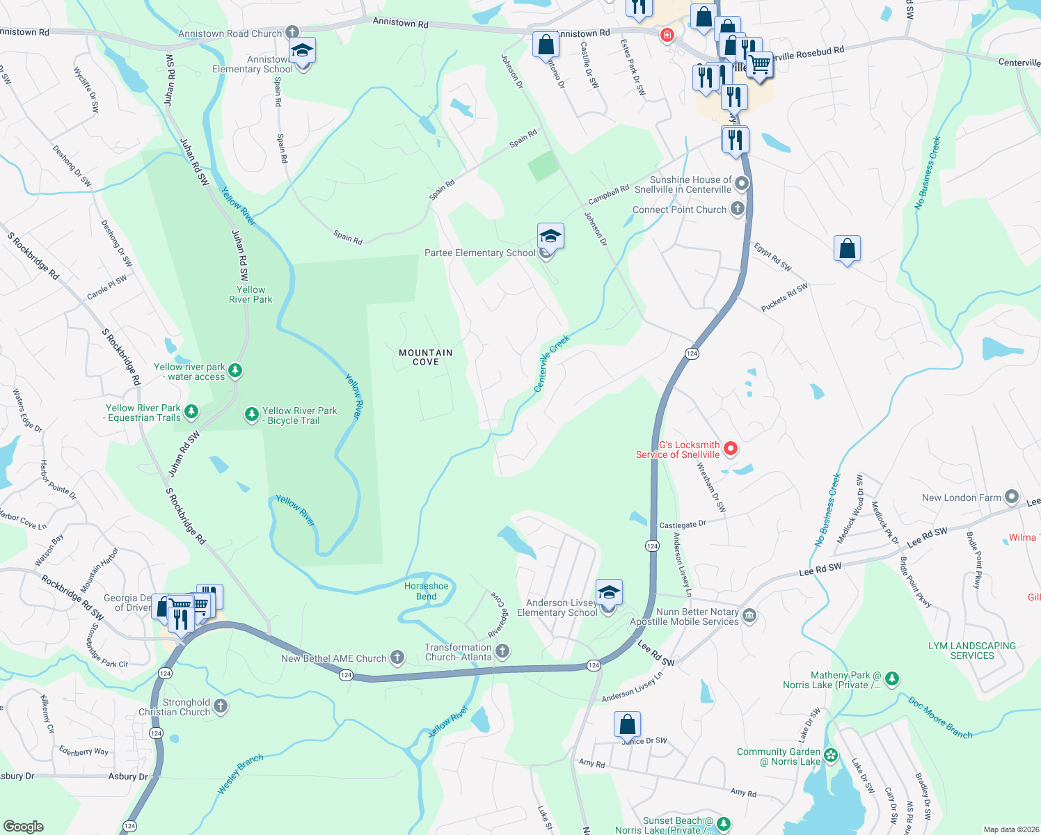 map of restaurants, bars, coffee shops, grocery stores, and more near 4505 Thicket Trail in Snellville