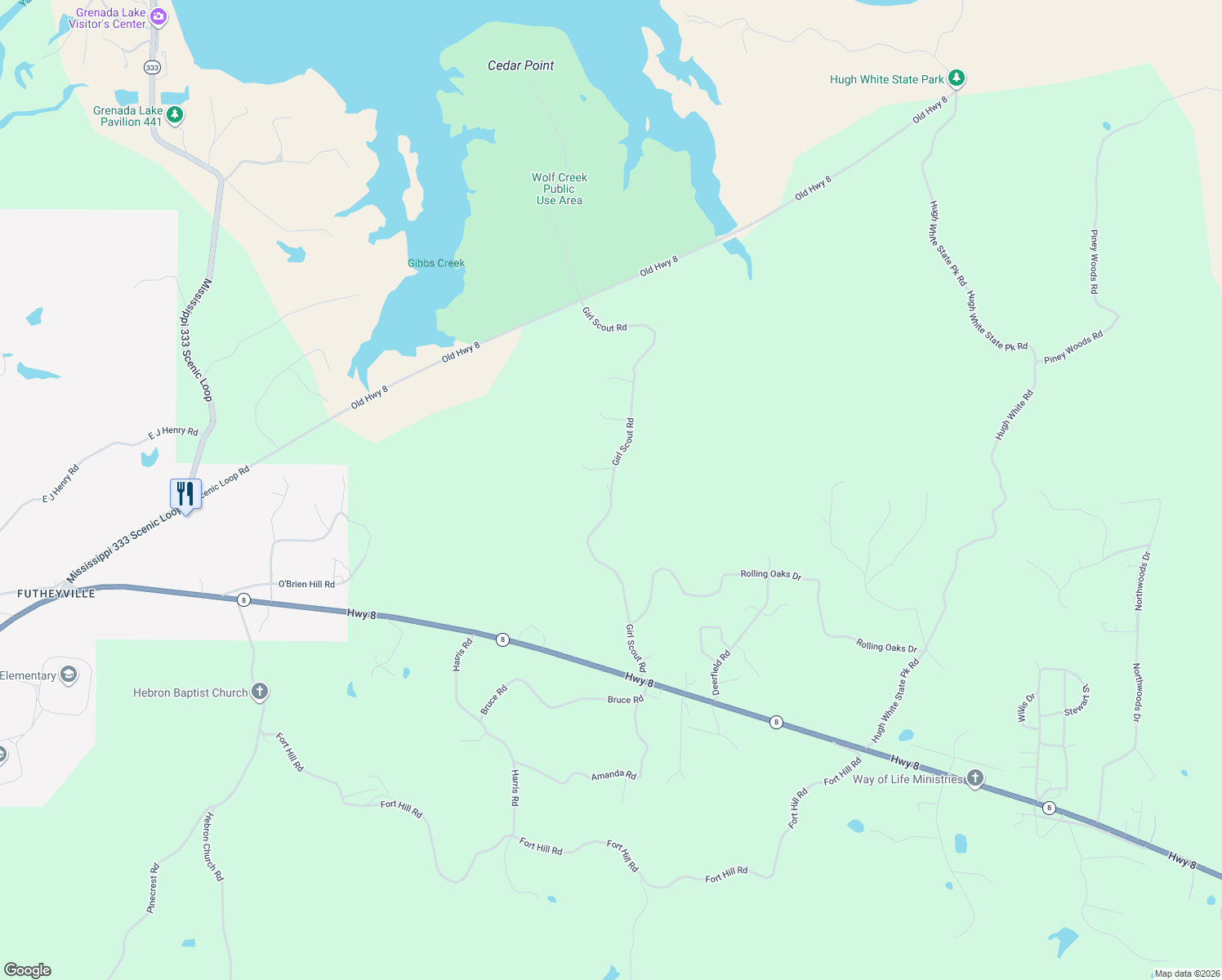 map of restaurants, bars, coffee shops, grocery stores, and more near Girl Scout Road in Grenada County