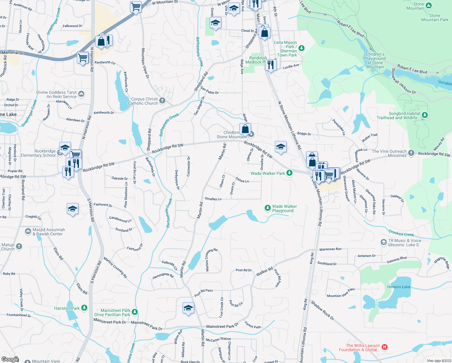 map of restaurants, bars, coffee shops, grocery stores, and more near 440 Ohern Court in Stone Mountain