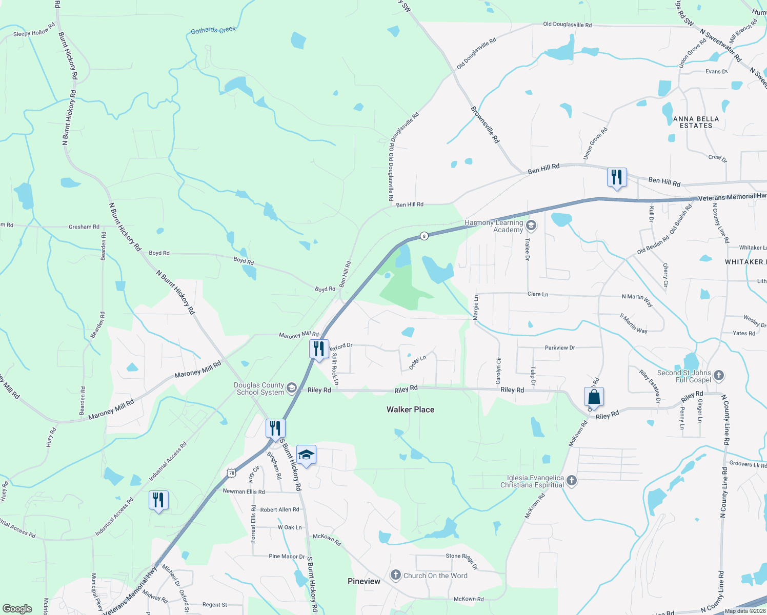 map of restaurants, bars, coffee shops, grocery stores, and more near 3710 Rogers Drive in Douglasville