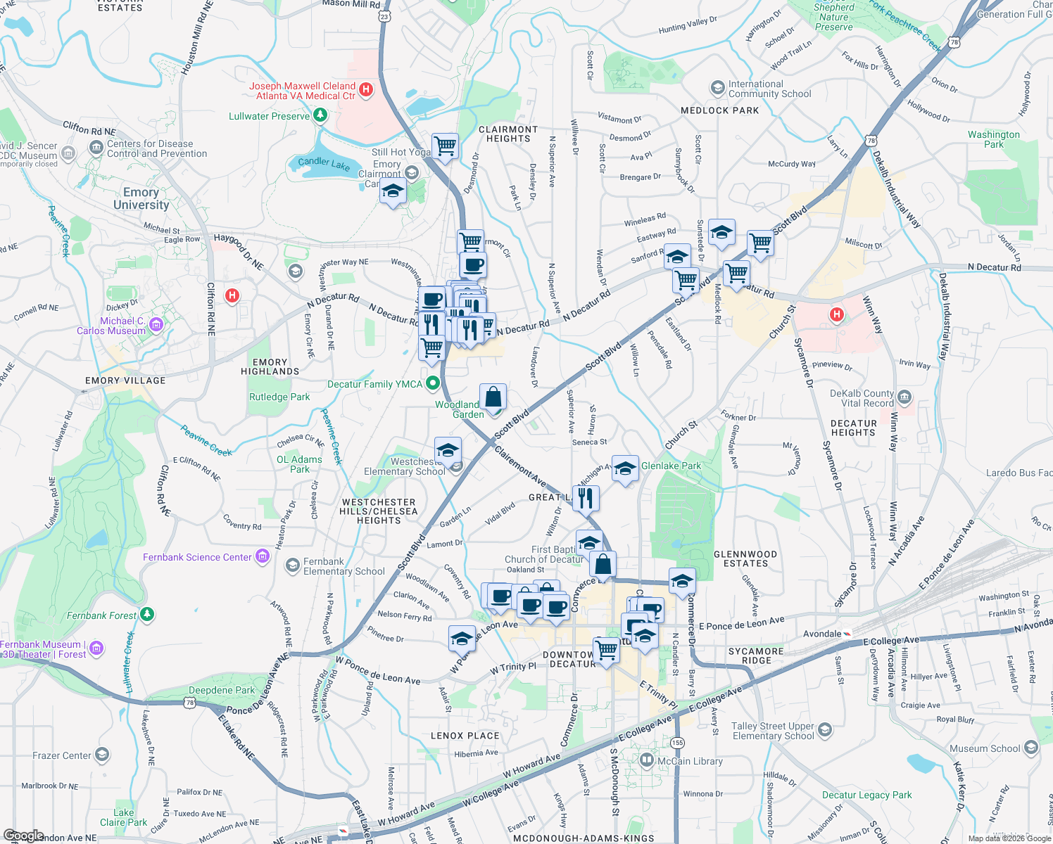 map of restaurants, bars, coffee shops, grocery stores, and more near 29 High Gate Trail in Decatur