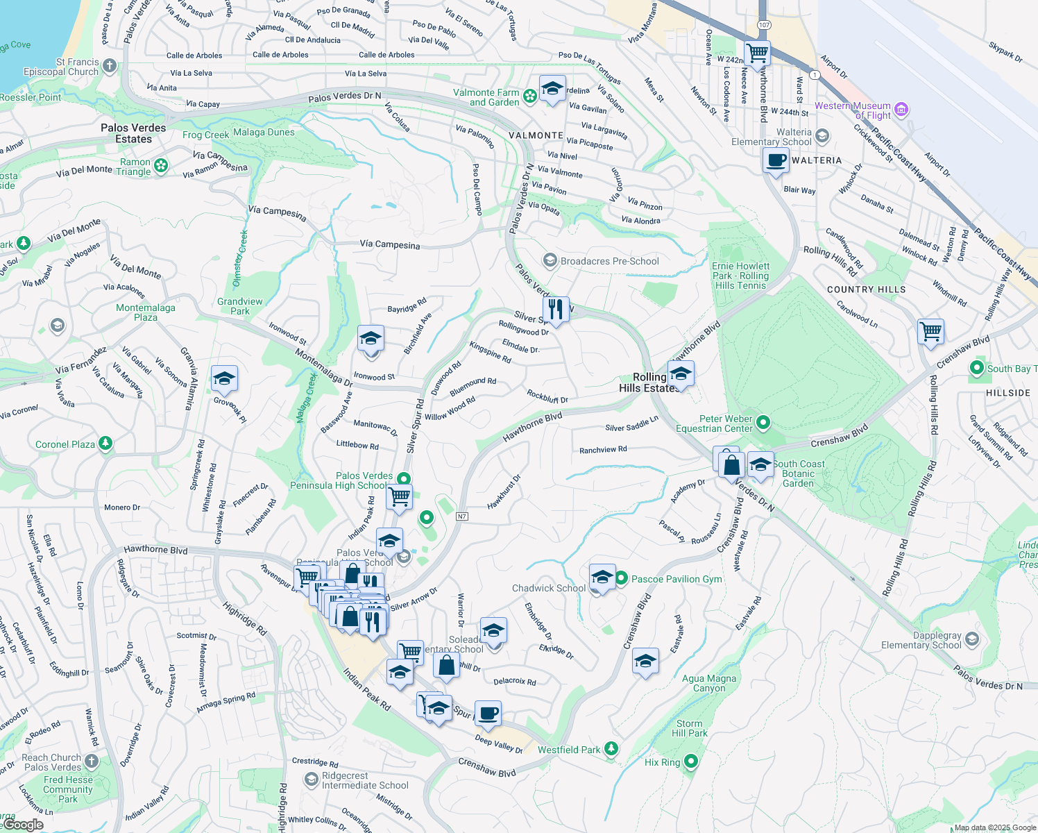 map of restaurants, bars, coffee shops, grocery stores, and more near 5048 Foxpoint Lane in Rolling Hills Estates