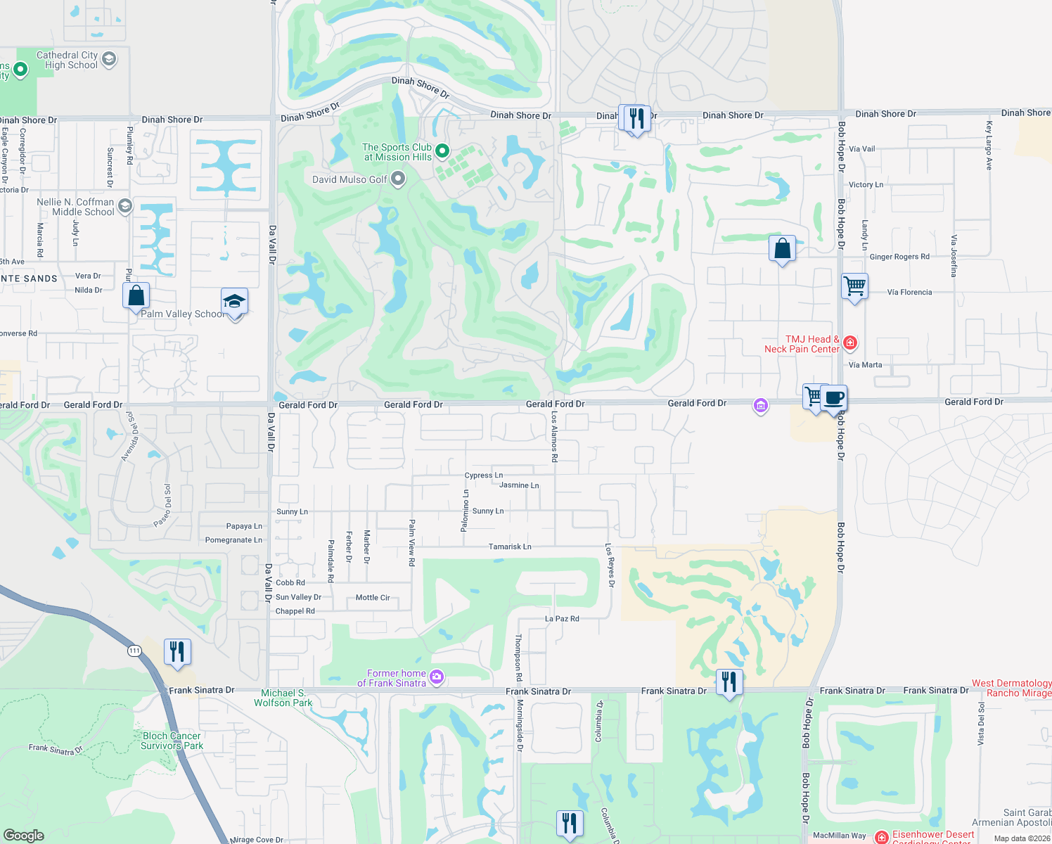 map of restaurants, bars, coffee shops, grocery stores, and more near 52 San Fernando in Rancho Mirage
