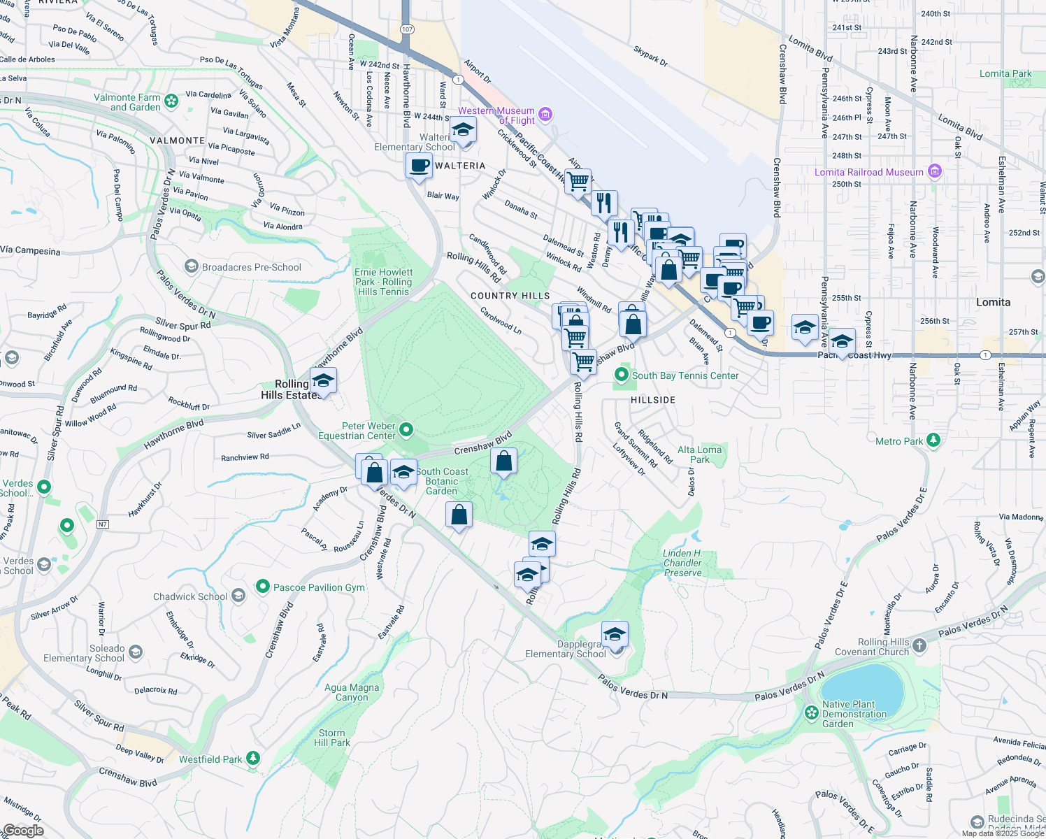 map of restaurants, bars, coffee shops, grocery stores, and more near 26405 Crenshaw Blvd in Rolling Hills Estates