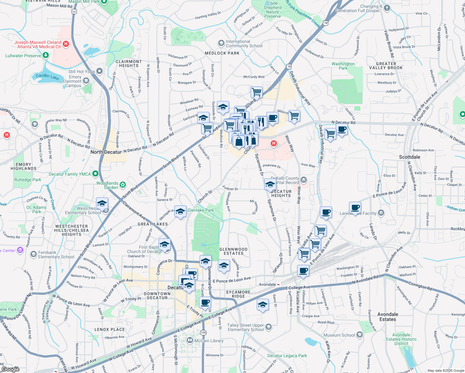 map of restaurants, bars, coffee shops, grocery stores, and more near 4 Old Decatur Circle in Decatur