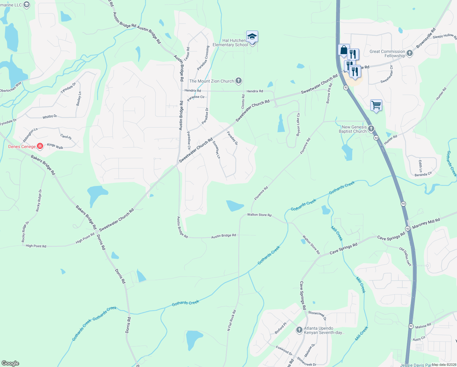 map of restaurants, bars, coffee shops, grocery stores, and more near 373 Somerset Lane in Douglasville