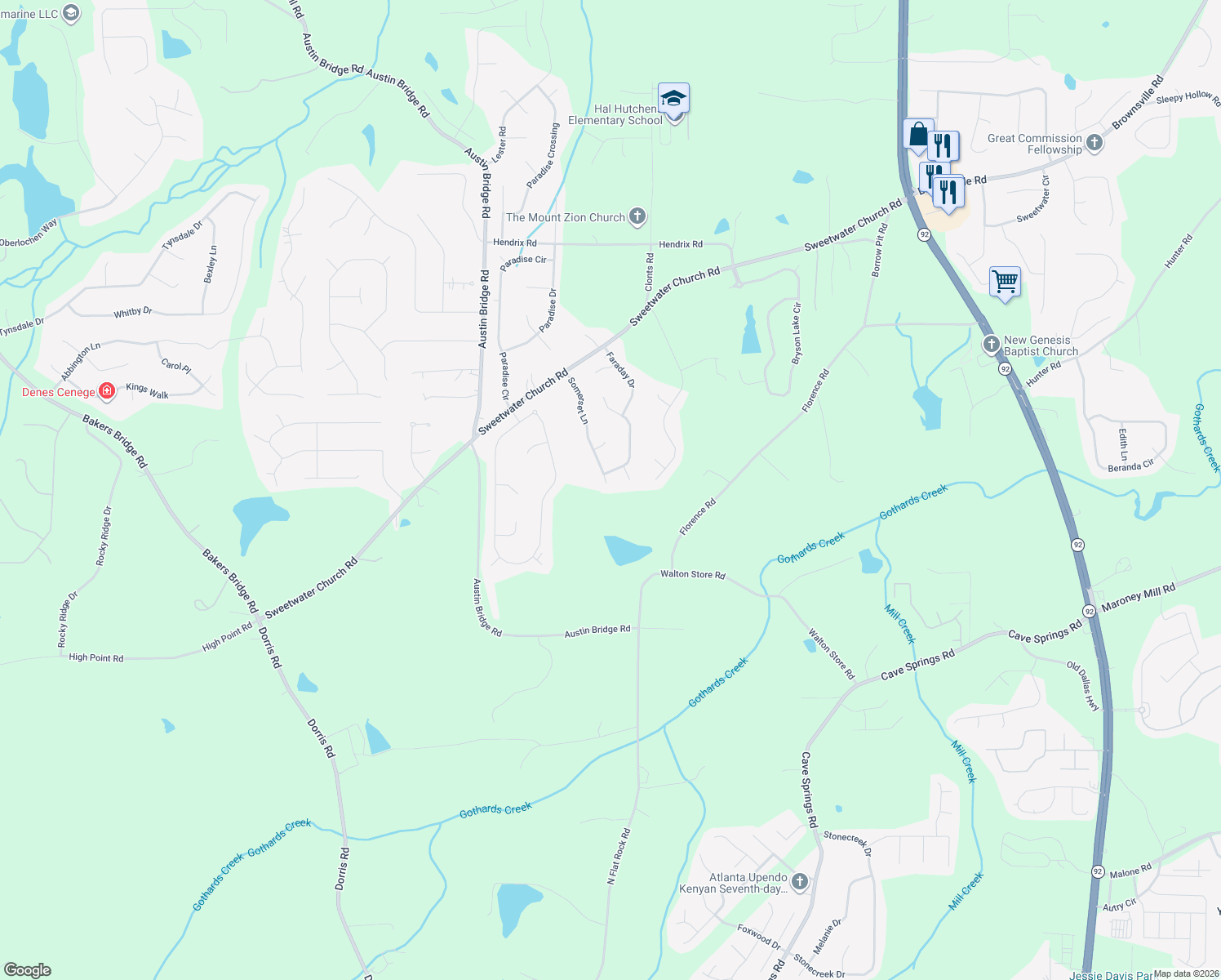 map of restaurants, bars, coffee shops, grocery stores, and more near 373 Somerset Lane in Douglasville