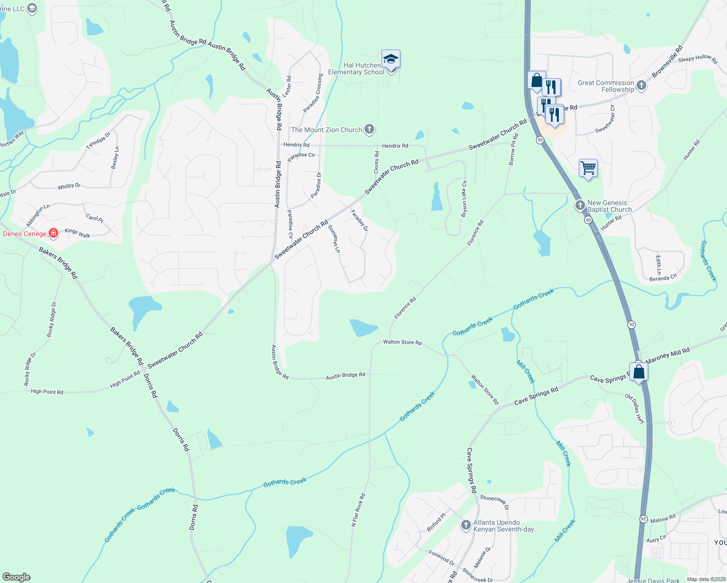 map of restaurants, bars, coffee shops, grocery stores, and more near 48 Cambridge Court in Douglasville