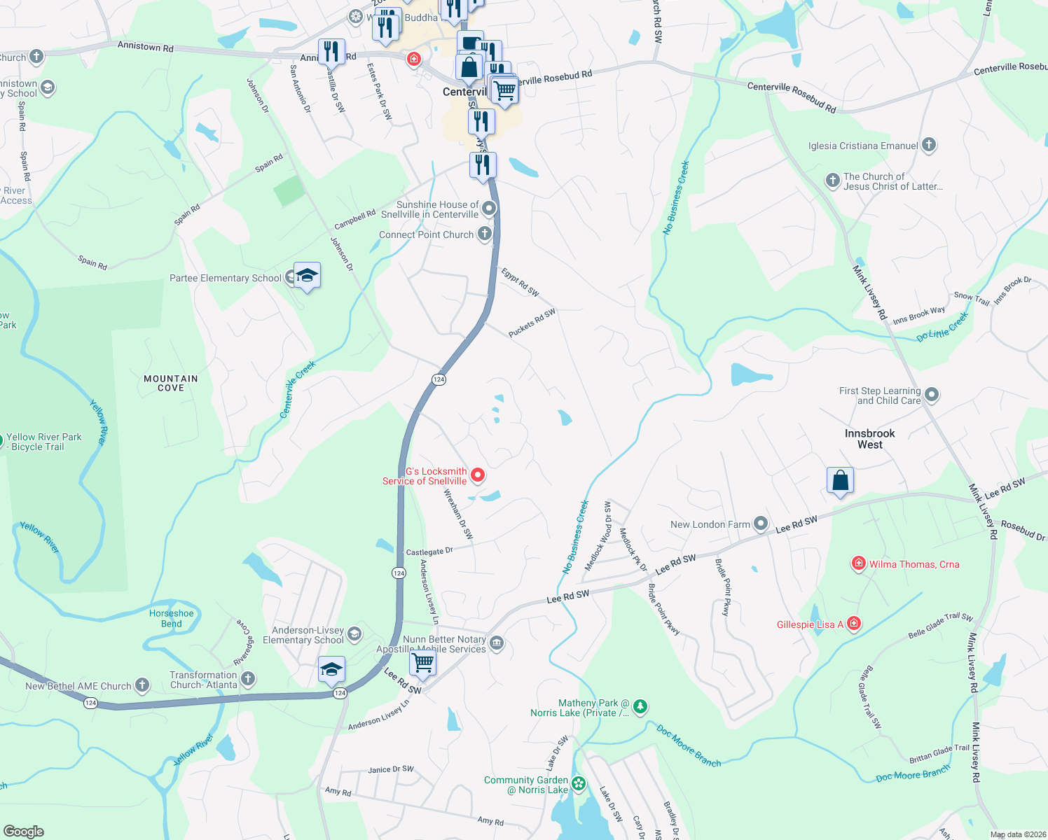 map of restaurants, bars, coffee shops, grocery stores, and more near Shoreside Circle Southwest in Snellville
