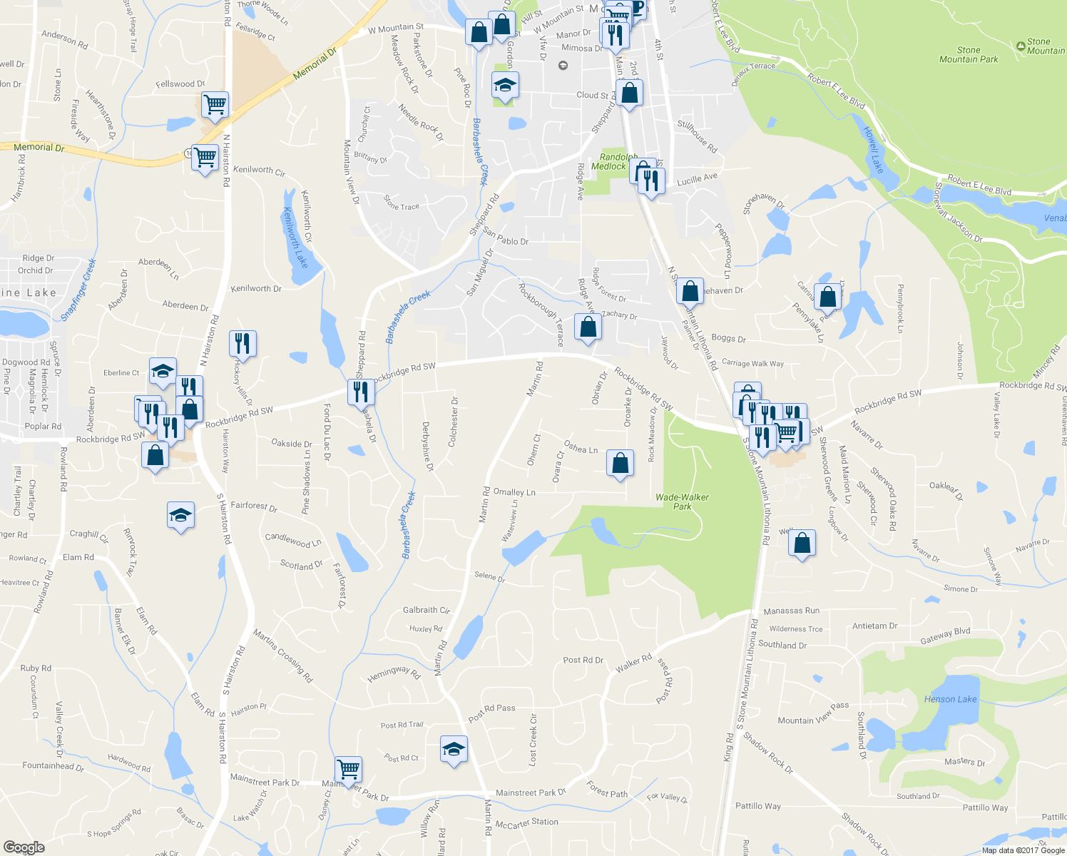 map of restaurants, bars, coffee shops, grocery stores, and more near 417 Ohern Court in Stone Mountain