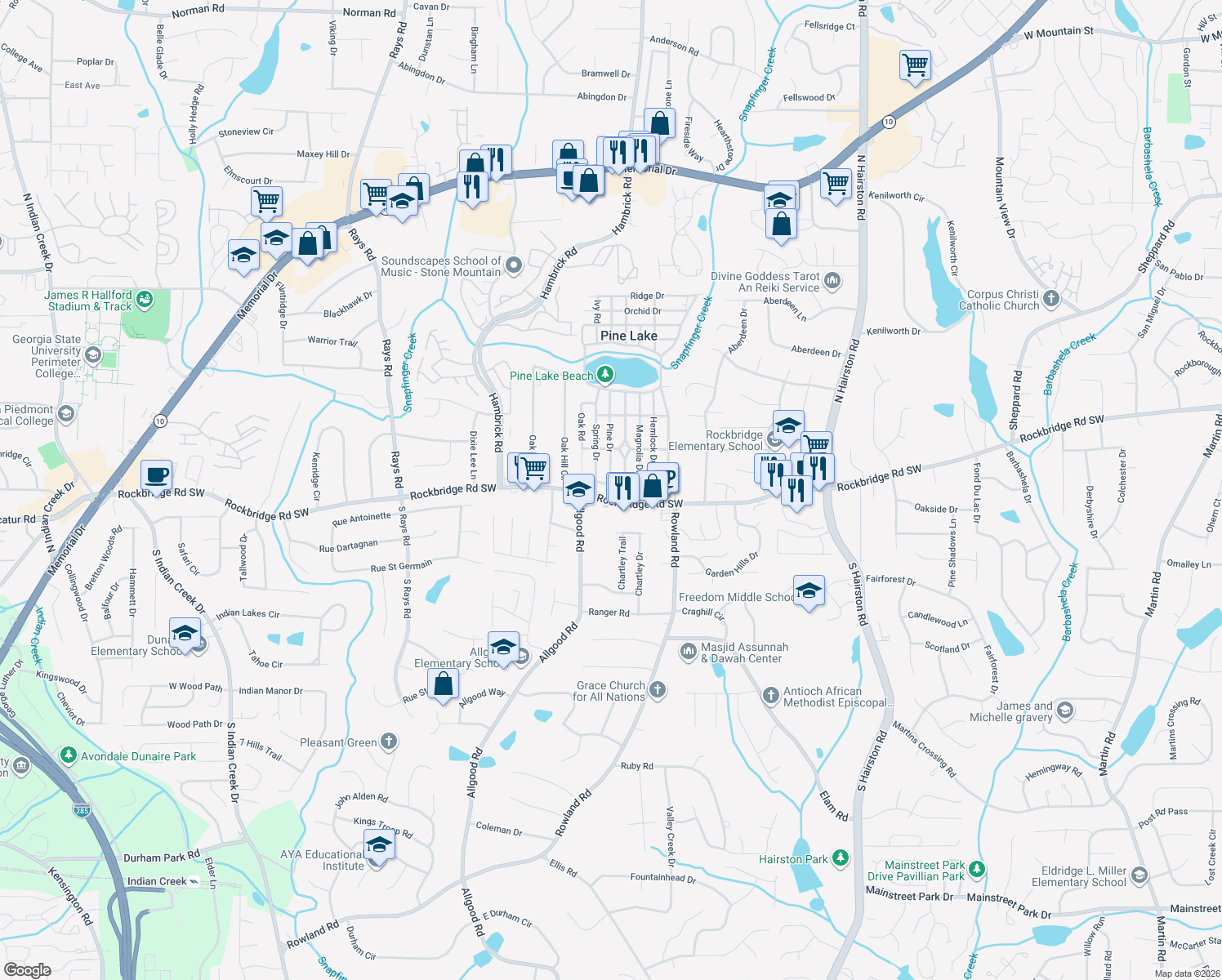 map of restaurants, bars, coffee shops, grocery stores, and more near 4571 Poplar Road in Pine Lake