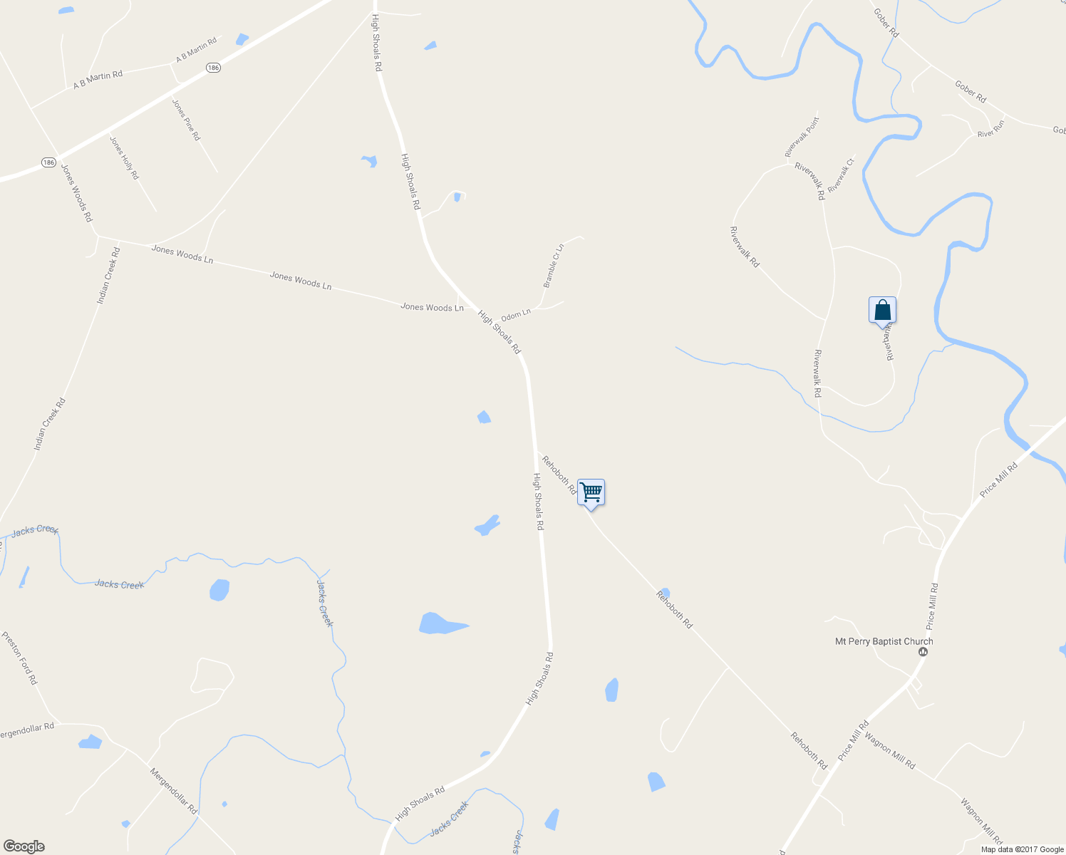 map of restaurants, bars, coffee shops, grocery stores, and more near High Shoals Road in Bishop