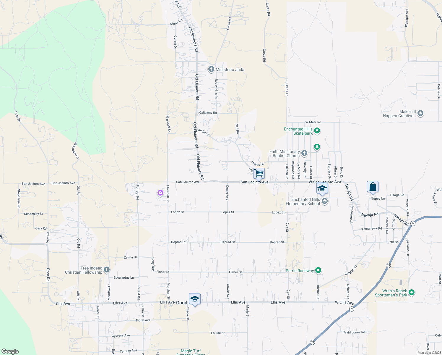 map of restaurants, bars, coffee shops, grocery stores, and more near 22440 San Jacinto Ave in Perris