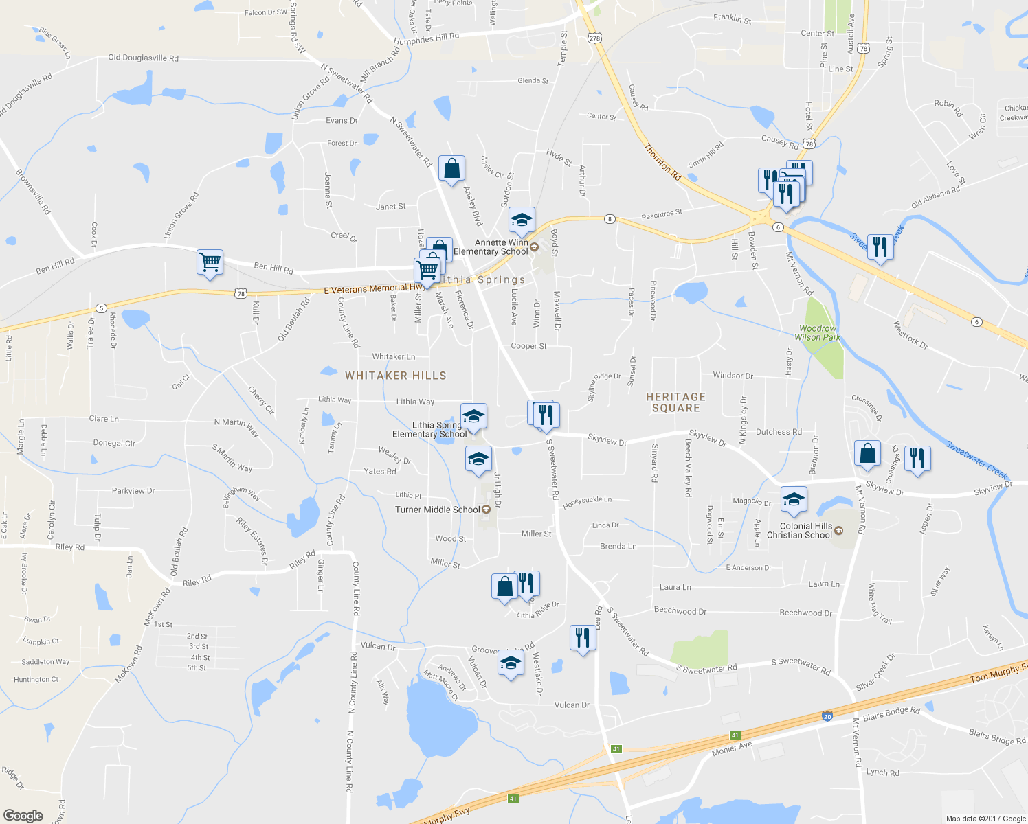 map of restaurants, bars, coffee shops, grocery stores, and more near 2570 Rosehill Cir in Lithia Springs
