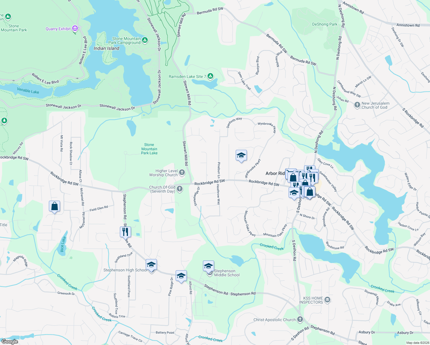 map of restaurants, bars, coffee shops, grocery stores, and more near 400 Pineburr Ln in Stone Mountain