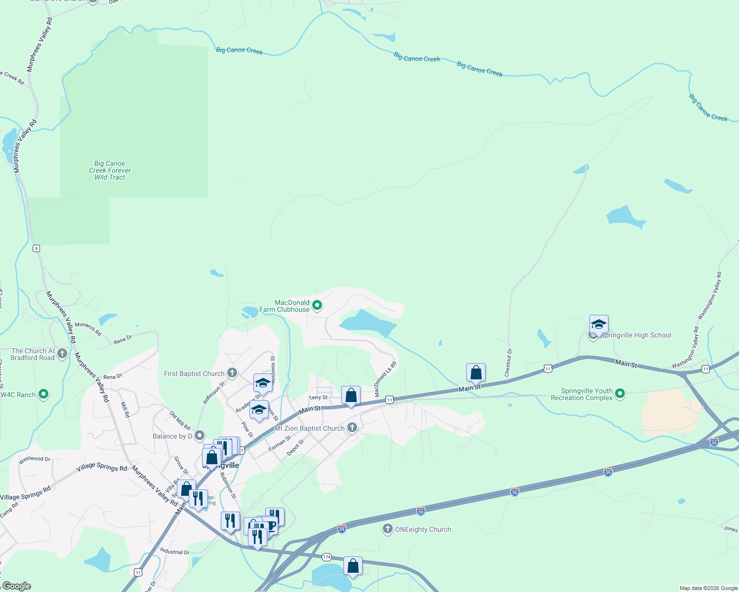 map of restaurants, bars, coffee shops, grocery stores, and more near 933 MacDonald Lake Rd in Springville
