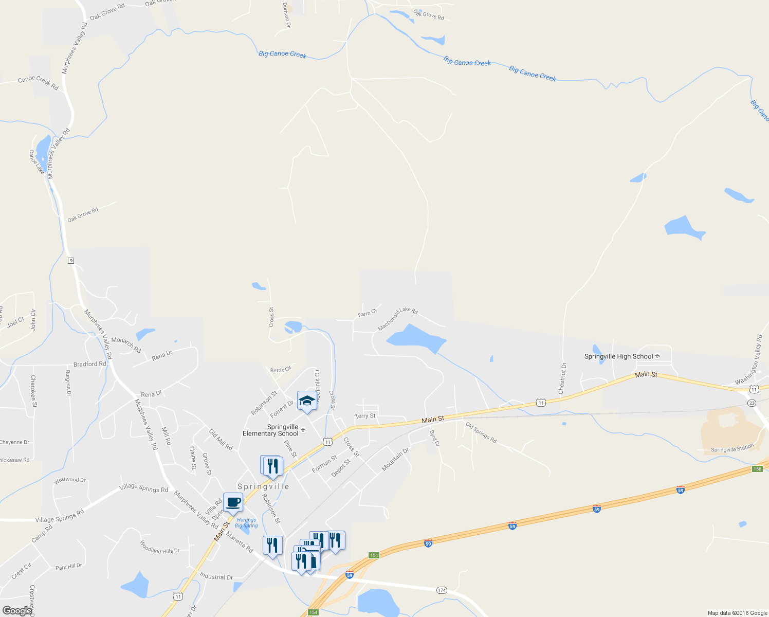 map of restaurants, bars, coffee shops, grocery stores, and more near 250 Farm Court in Springville