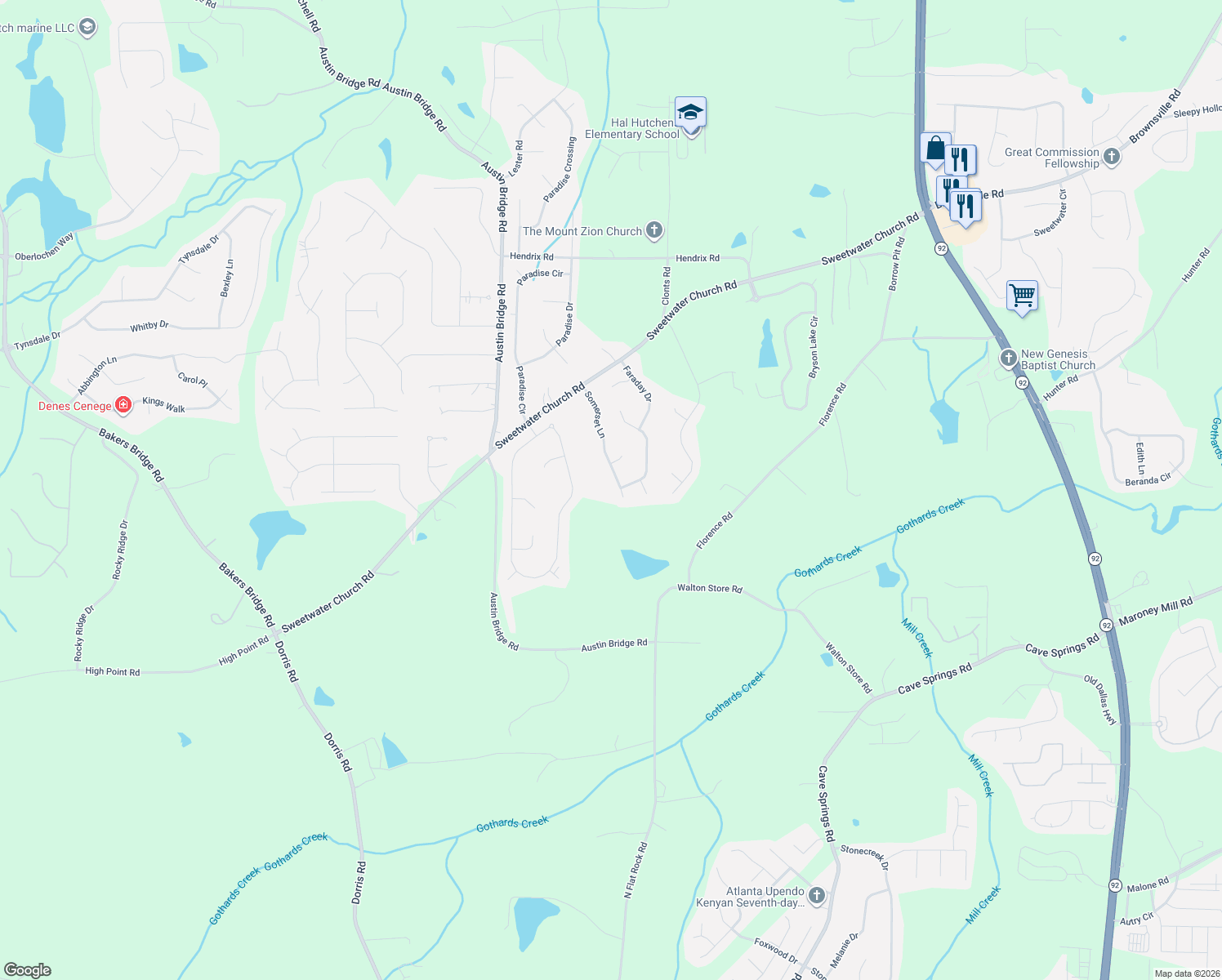 map of restaurants, bars, coffee shops, grocery stores, and more near 326 Somerset Lane in Douglasville