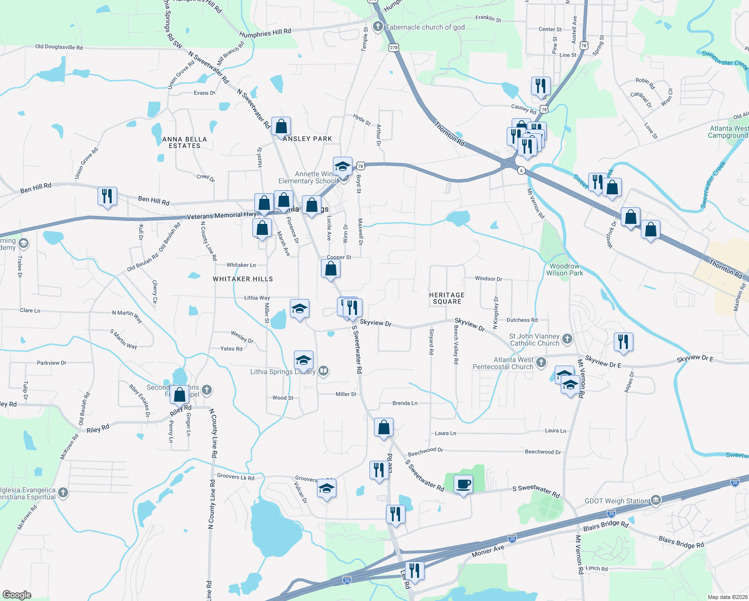 map of restaurants, bars, coffee shops, grocery stores, and more near 2434 Skyline Ridge Drive in Lithia Springs