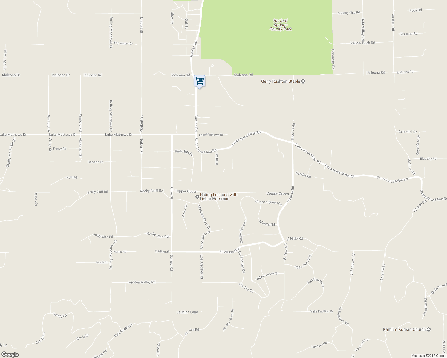 map of restaurants, bars, coffee shops, grocery stores, and more near 17465 Santa Rosa Mine Road in Perris