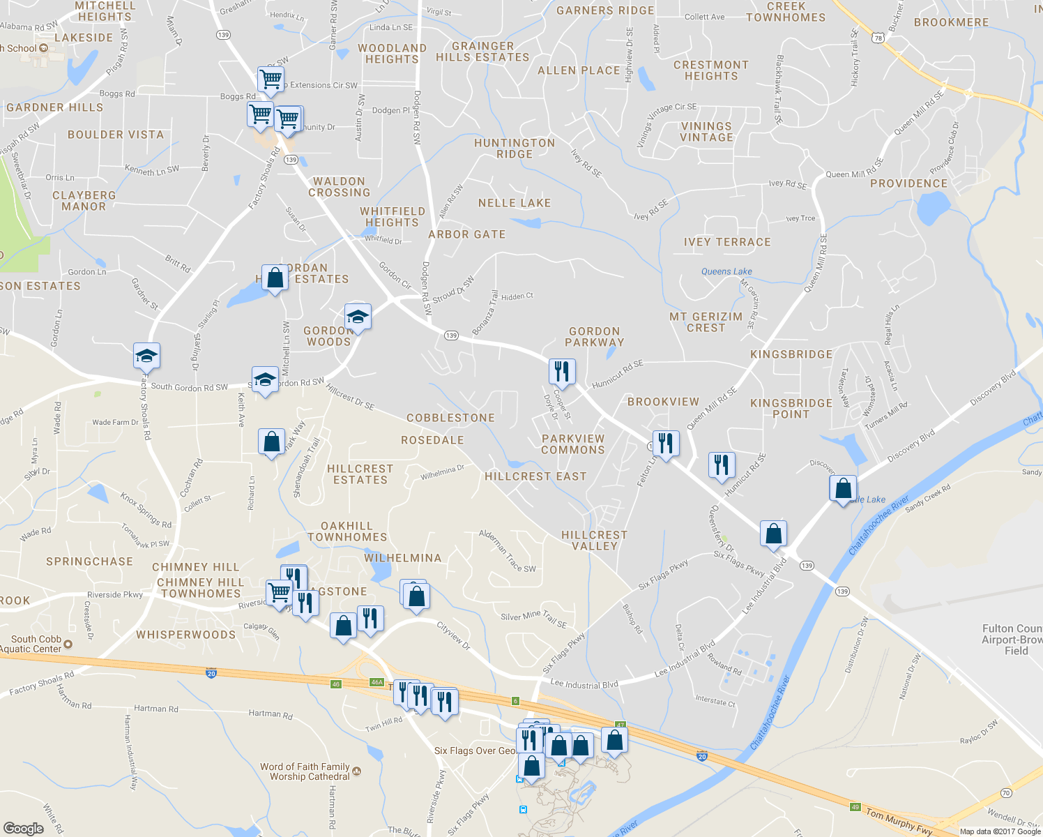 map of restaurants, bars, coffee shops, grocery stores, and more near 6810 Bridgewood Drive in Austell