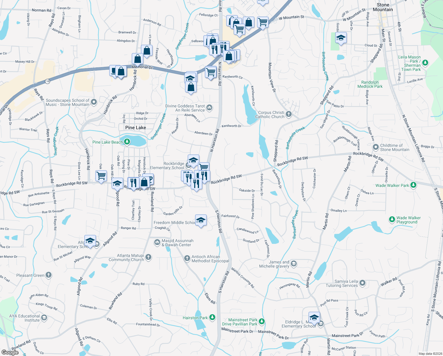 map of restaurants, bars, coffee shops, grocery stores, and more near 445 Stonebridge Court in Stone Mountain
