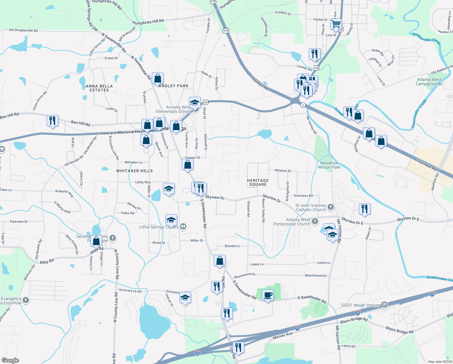 map of restaurants, bars, coffee shops, grocery stores, and more near 1621 Sky Crest Drive in Lithia Springs