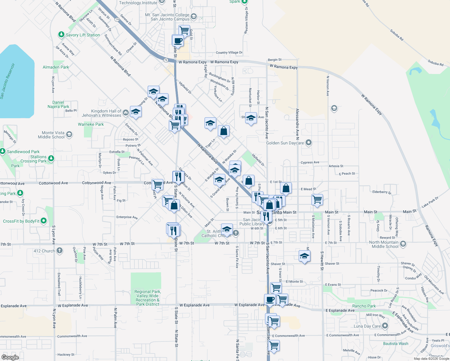 map of restaurants, bars, coffee shops, grocery stores, and more near 174 South Grand Army Avenue in San Jacinto