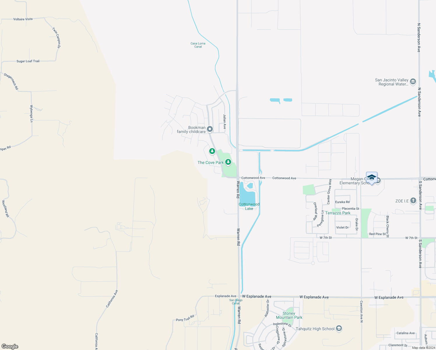 map of restaurants, bars, coffee shops, grocery stores, and more near 3622 Old Oak Circle in San Jacinto
