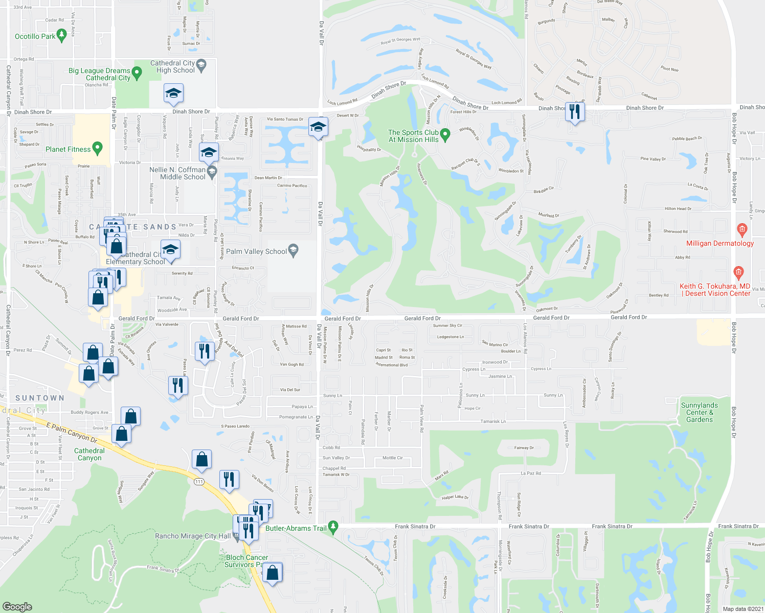 map of restaurants, bars, coffee shops, grocery stores, and more near 8 Mission Court in Rancho Mirage