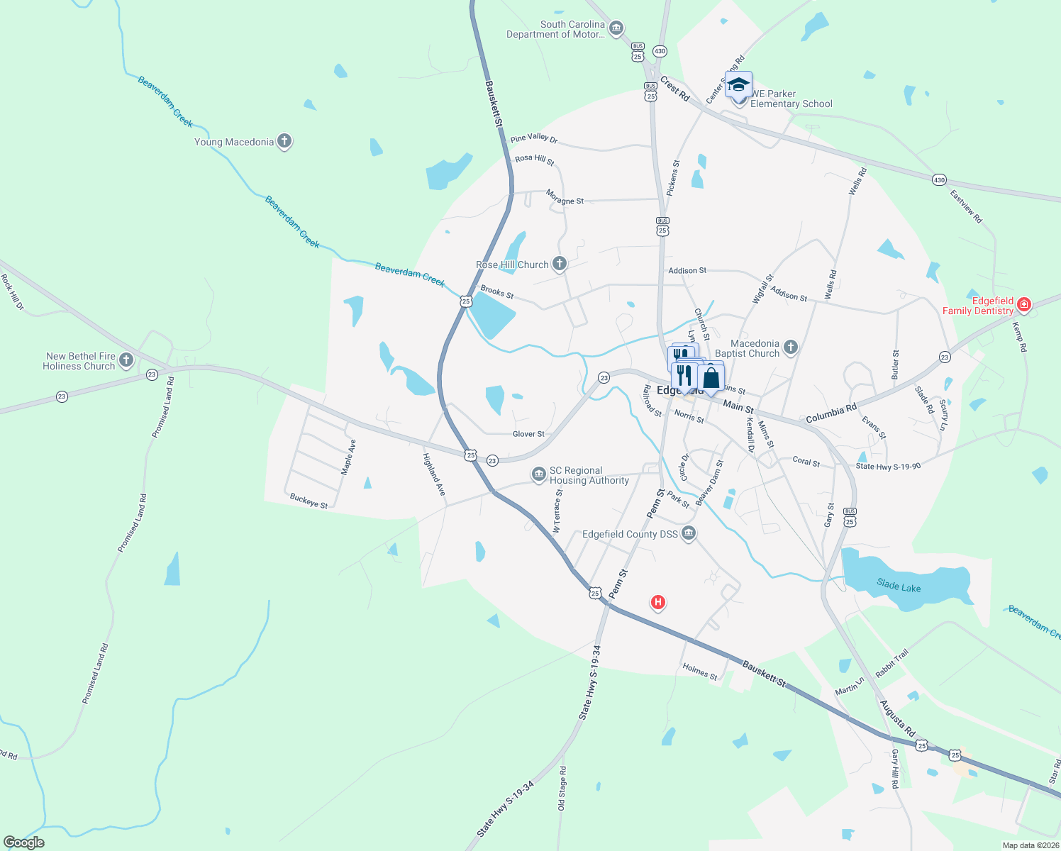 map of restaurants, bars, coffee shops, grocery stores, and more near 220 Glover Street in Edgefield