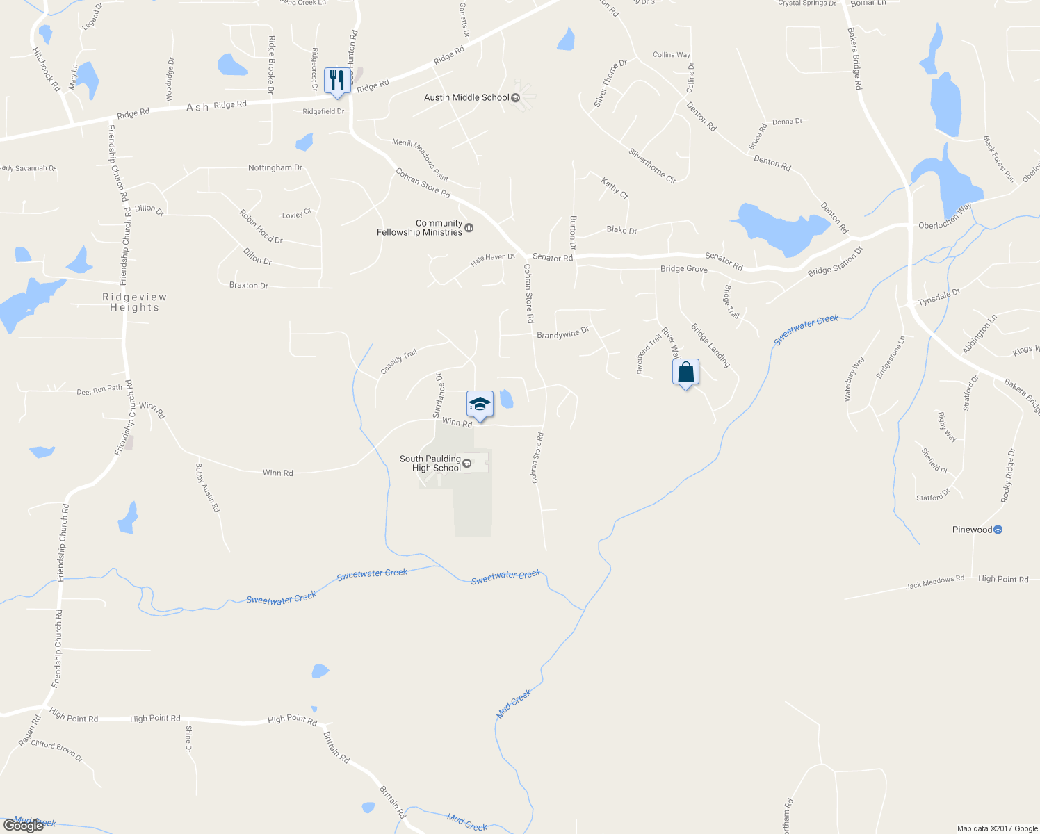 map of restaurants, bars, coffee shops, grocery stores, and more near 1515 Winn Road in Douglasville