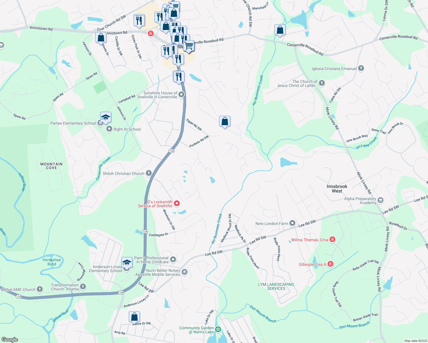 map of restaurants, bars, coffee shops, grocery stores, and more near 3909 Laurens Lane in Snellville