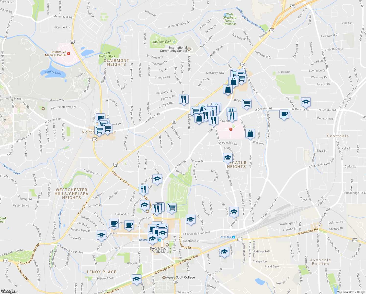 map of restaurants, bars, coffee shops, grocery stores, and more near 437 Eastland Drive in Decatur