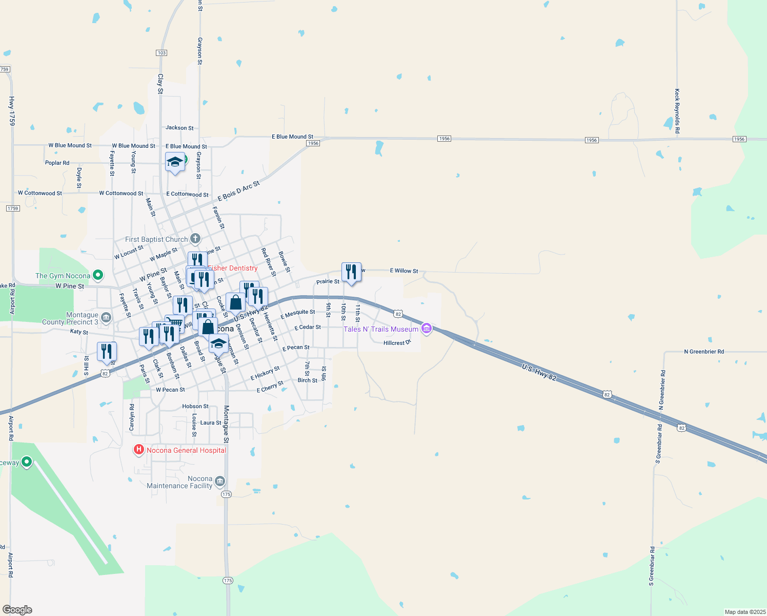 map of restaurants, bars, coffee shops, grocery stores, and more near 1211 U.S. 82 in Nocona