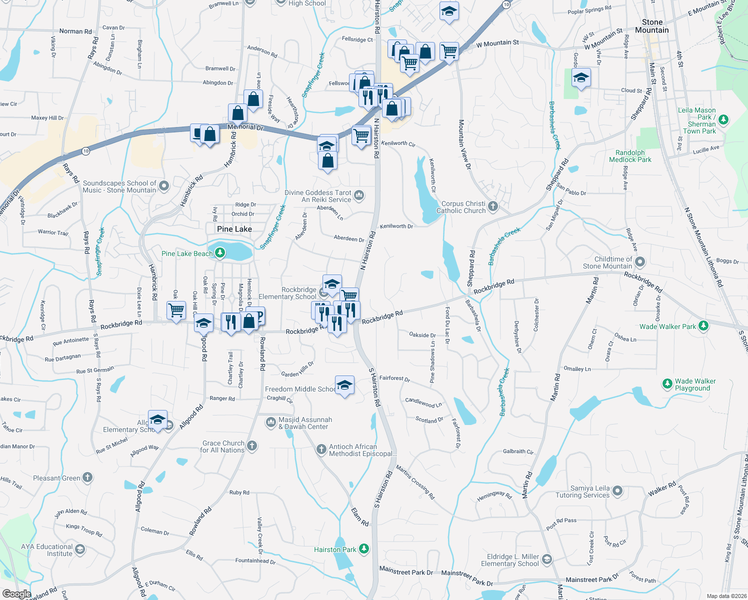 map of restaurants, bars, coffee shops, grocery stores, and more near 481 Stonebridge Ct in Stone Mountain