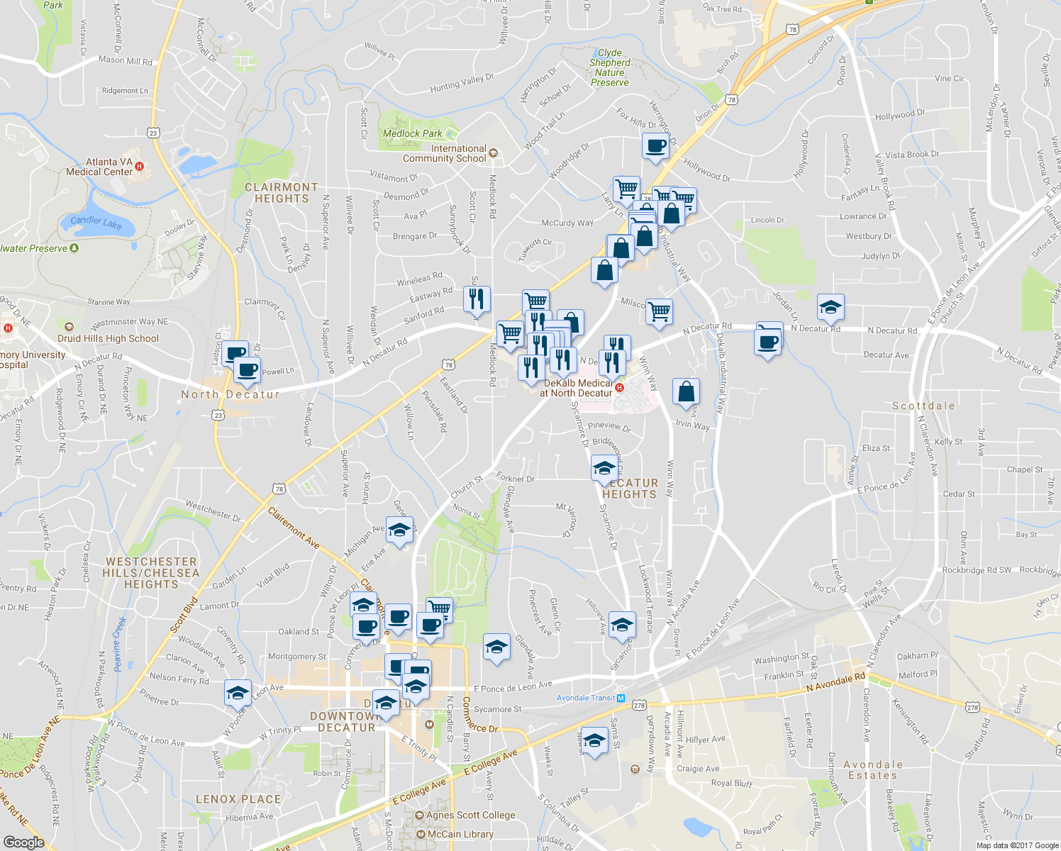 map of restaurants, bars, coffee shops, grocery stores, and more near 2456 Manor Walk in Decatur