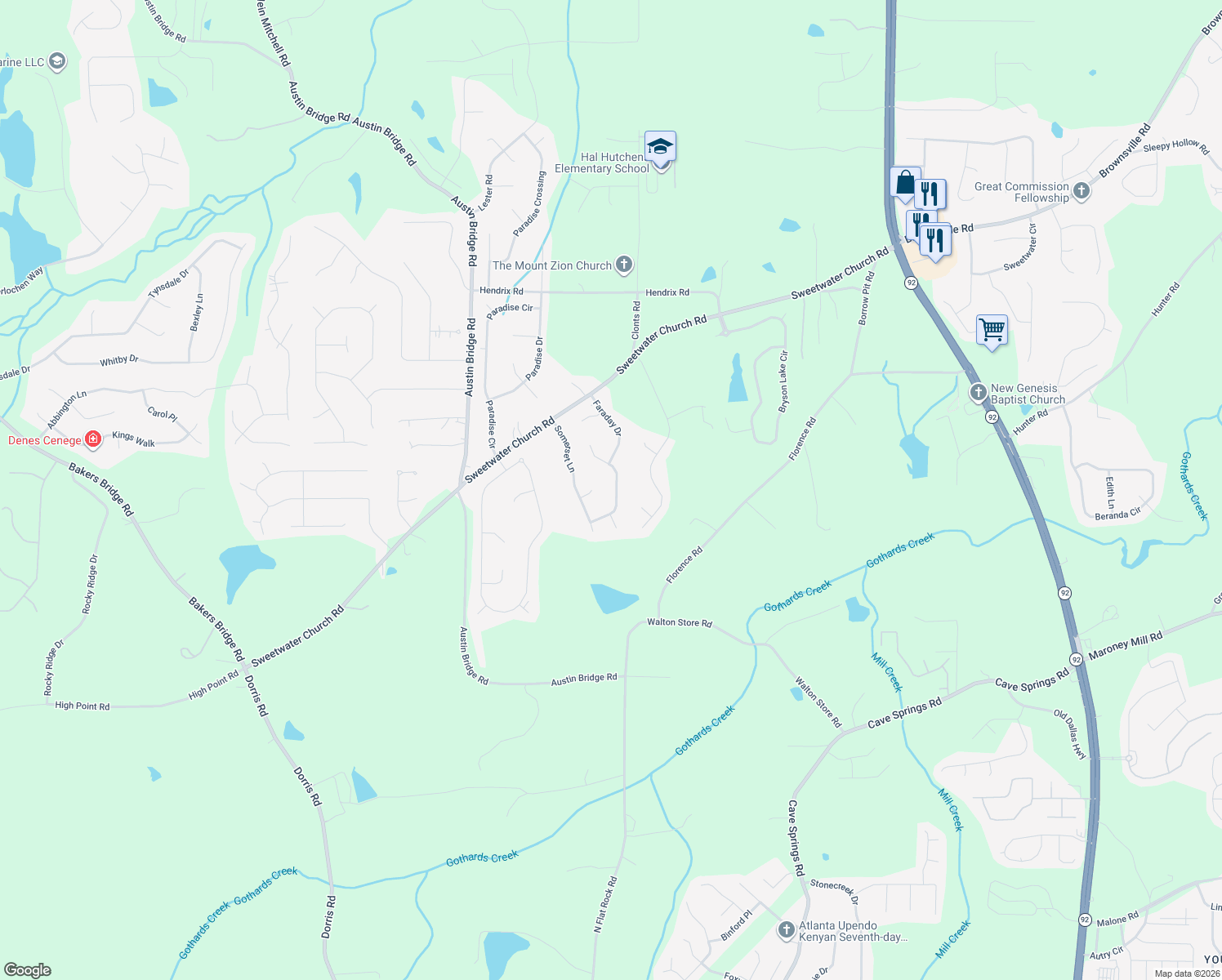 map of restaurants, bars, coffee shops, grocery stores, and more near 192 Abbington Way in Douglasville